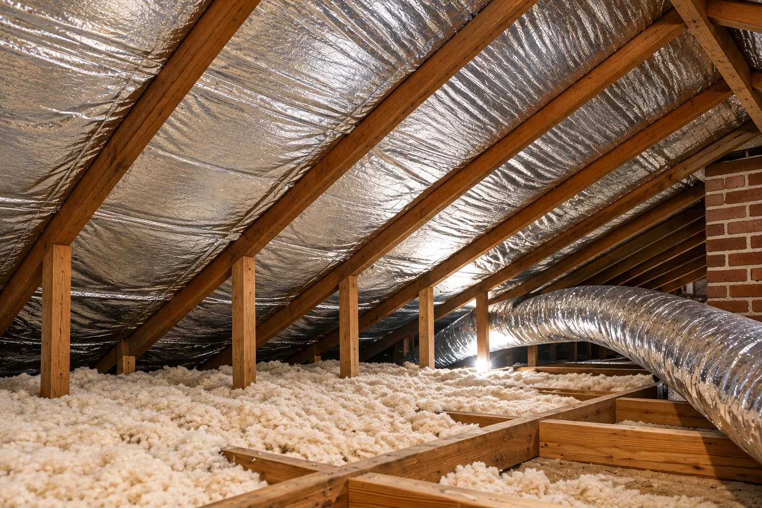 An attic has loose-fill insulation across the floor, reflective material between roof rafters, and a large silver duct.