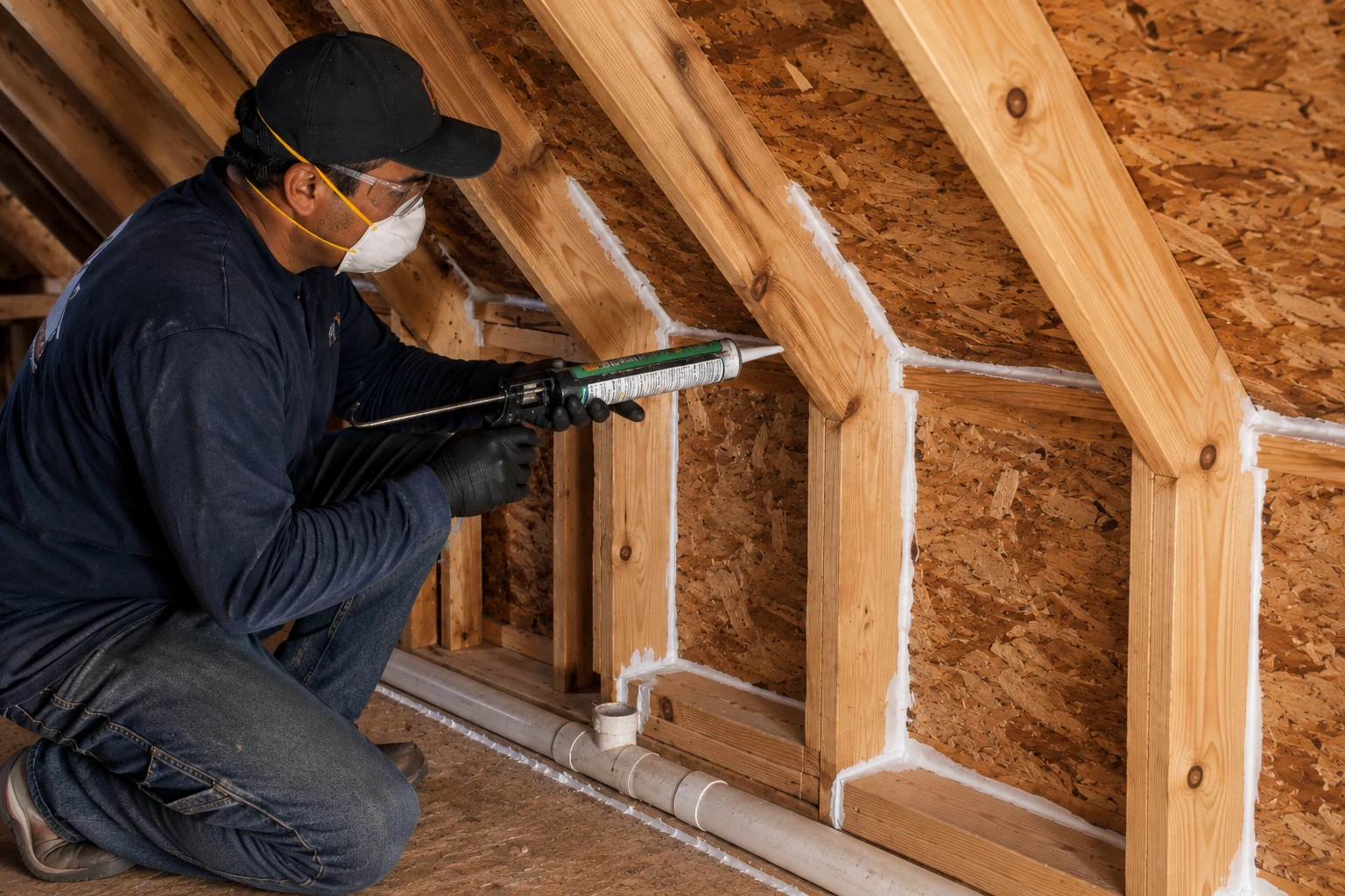 Worker in protective gear applies sealant along wooden attic framing with a caulking gun.
