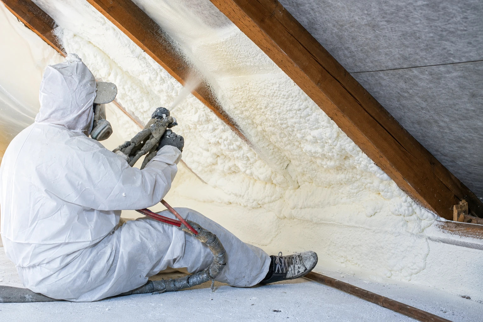 A worker in protective coveralls sprays white foam insulation onto the sloped rafters of an attic.