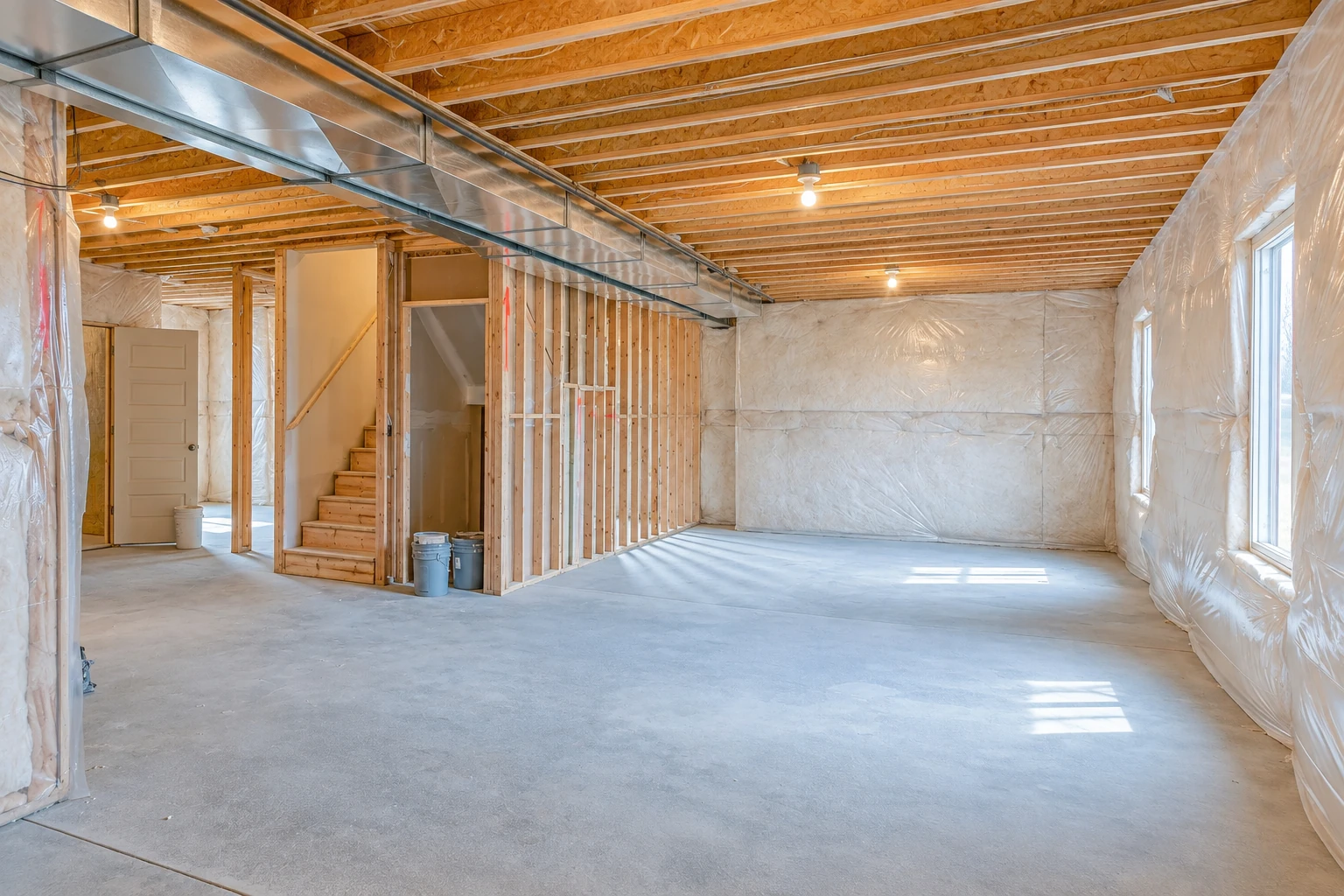 Unfinished basement with plastic-covered insulated walls, exposed ceiling joists, metal ductwork, and a concrete floor.