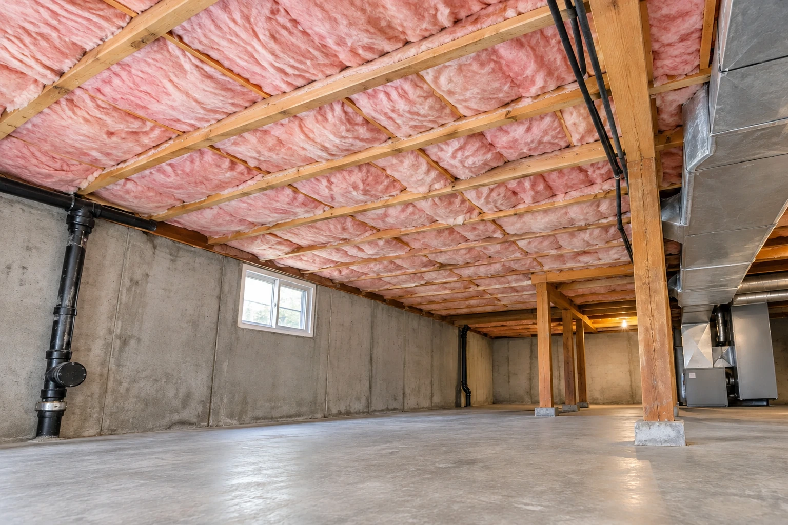 Pink fiberglass batts fill the ceiling joists of an unfinished basement with exposed concrete walls and ductwork.