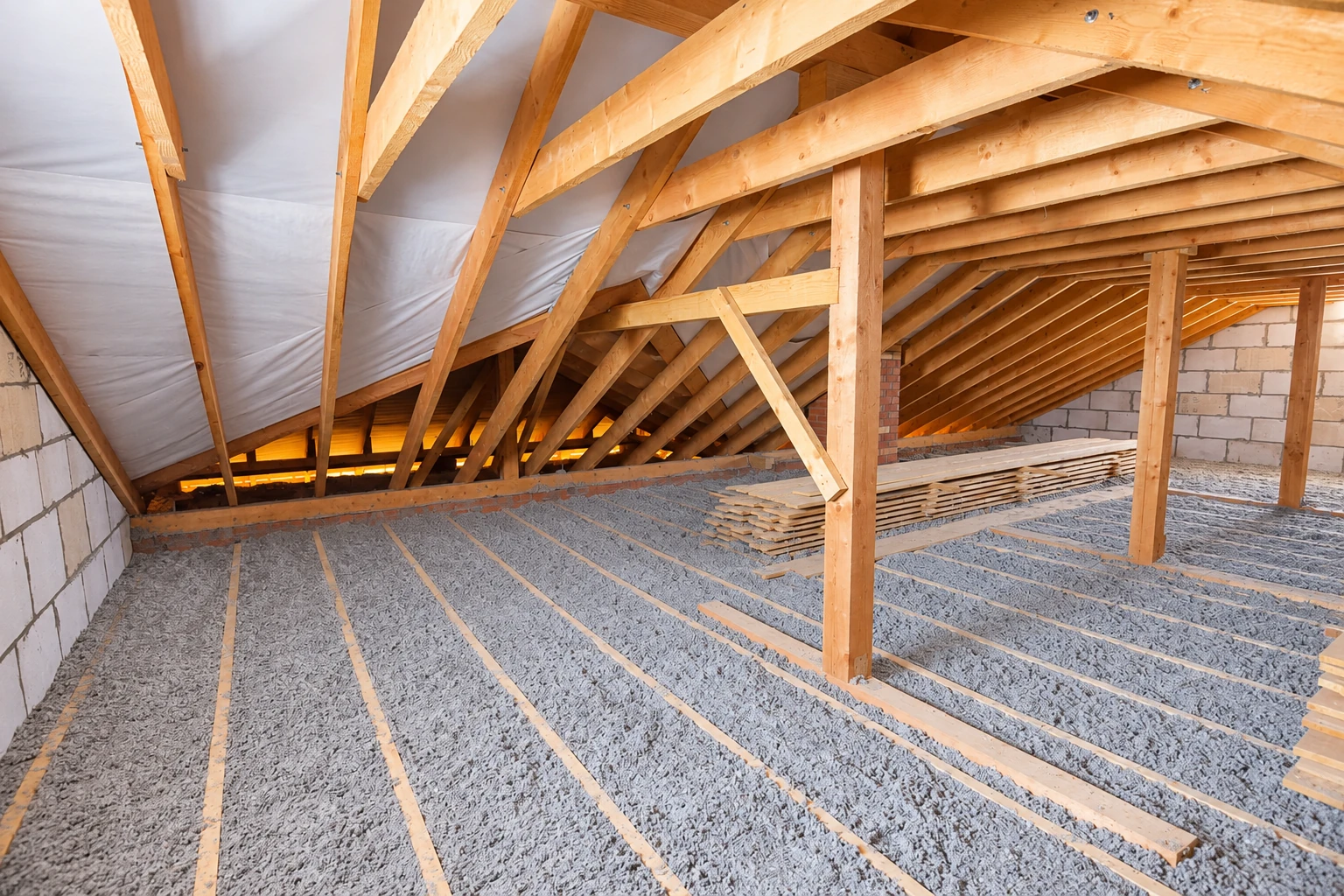 An attic floor is covered with loose-fill insulation beneath exposed wooden rafters.