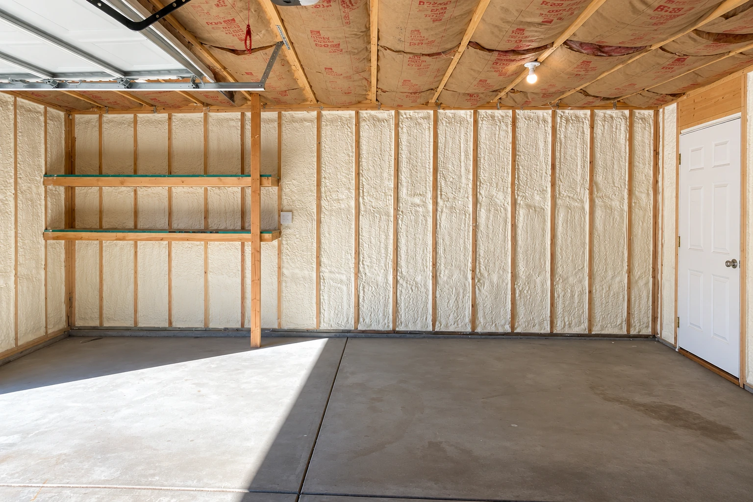 Garage wall with pale spray foam between wooden studs beneath a ceiling lined with fiberglass batts.