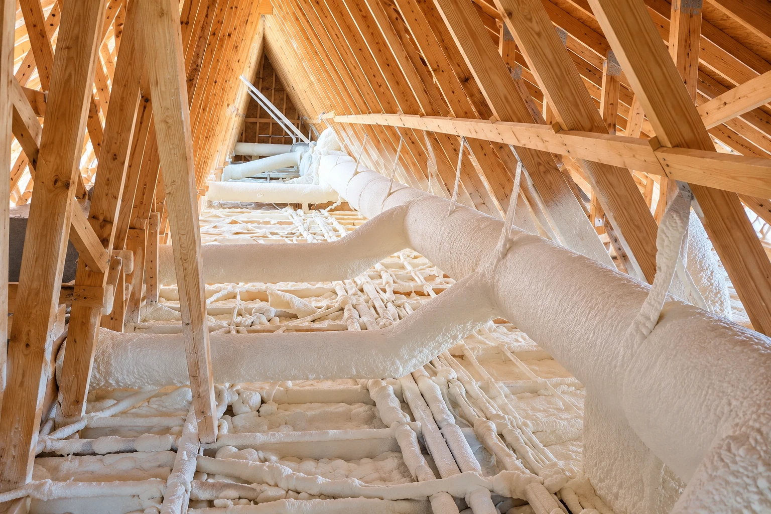 White spray foam coats attic framing and surrounds suspended ducts beneath an exposed wooden roof structure.