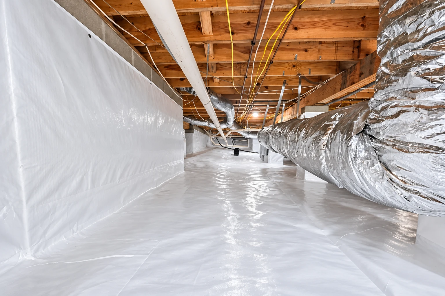 A crawl space has white vapor barrier covering the floor and walls, with exposed joists and a large silver duct overhead.