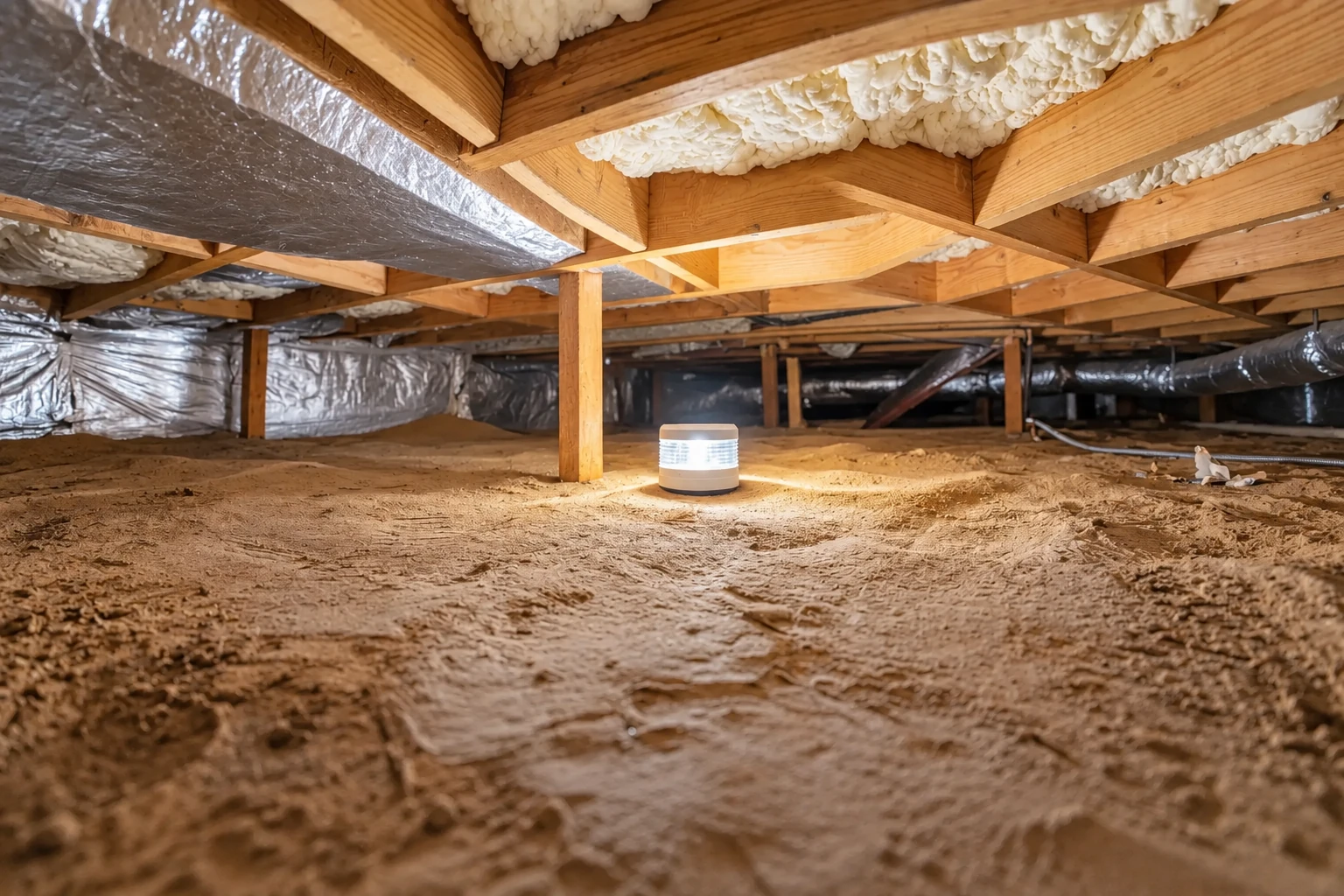 Low crawl space with exposed wooden joists, foam insulation, reflective ducting, and bare soil.