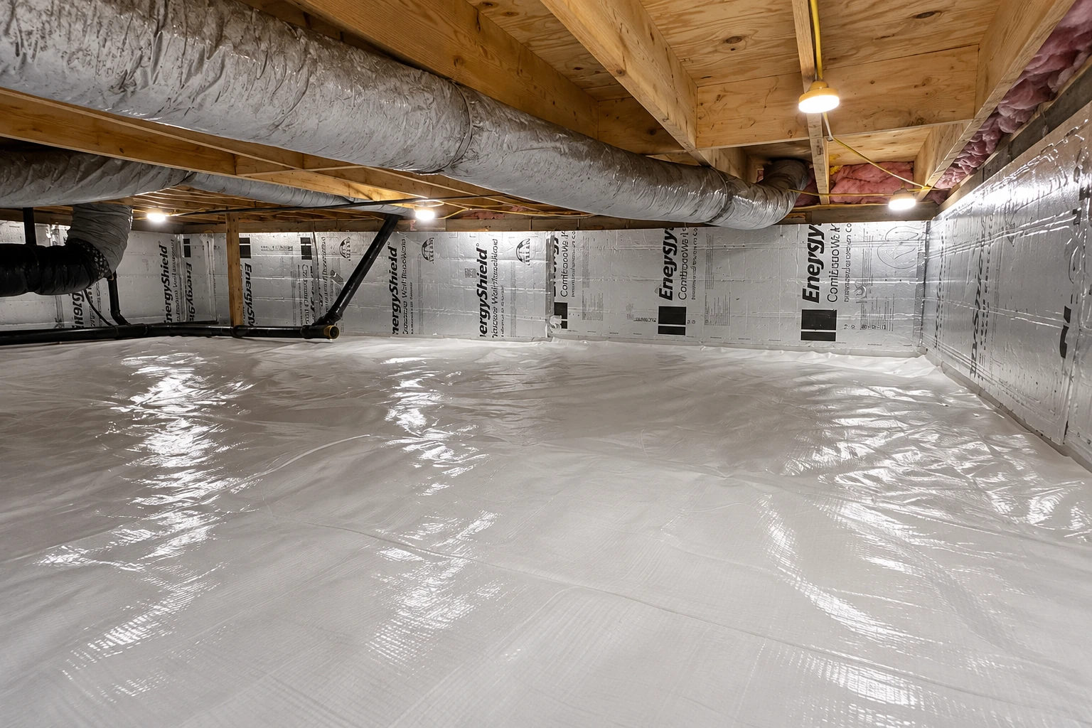 A crawl space has reflective insulation panels on the walls and plastic sheeting covering the floor beneath ductwork.