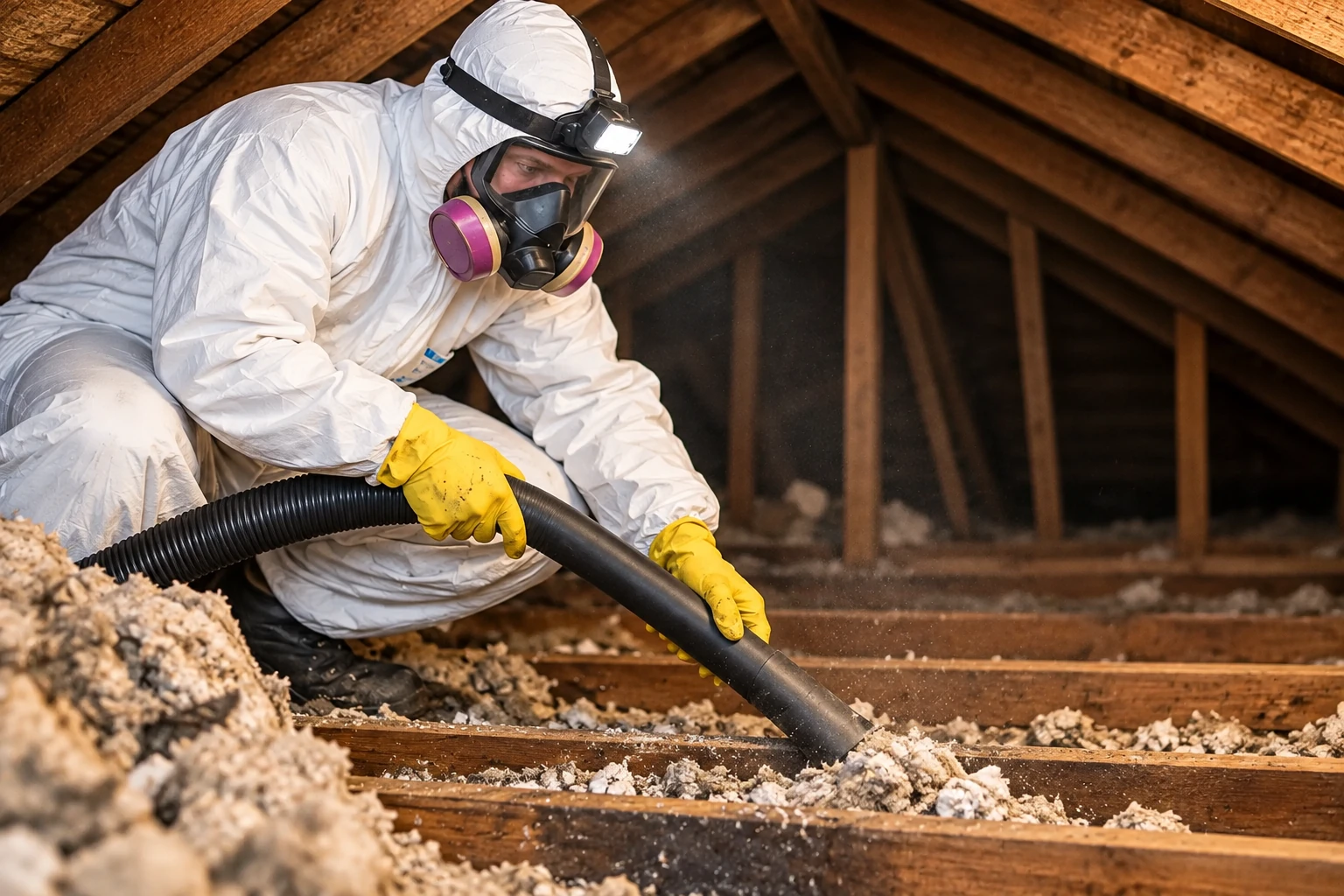 A worker in protective gear uses a vacuum hose to remove loose insulation from an attic.