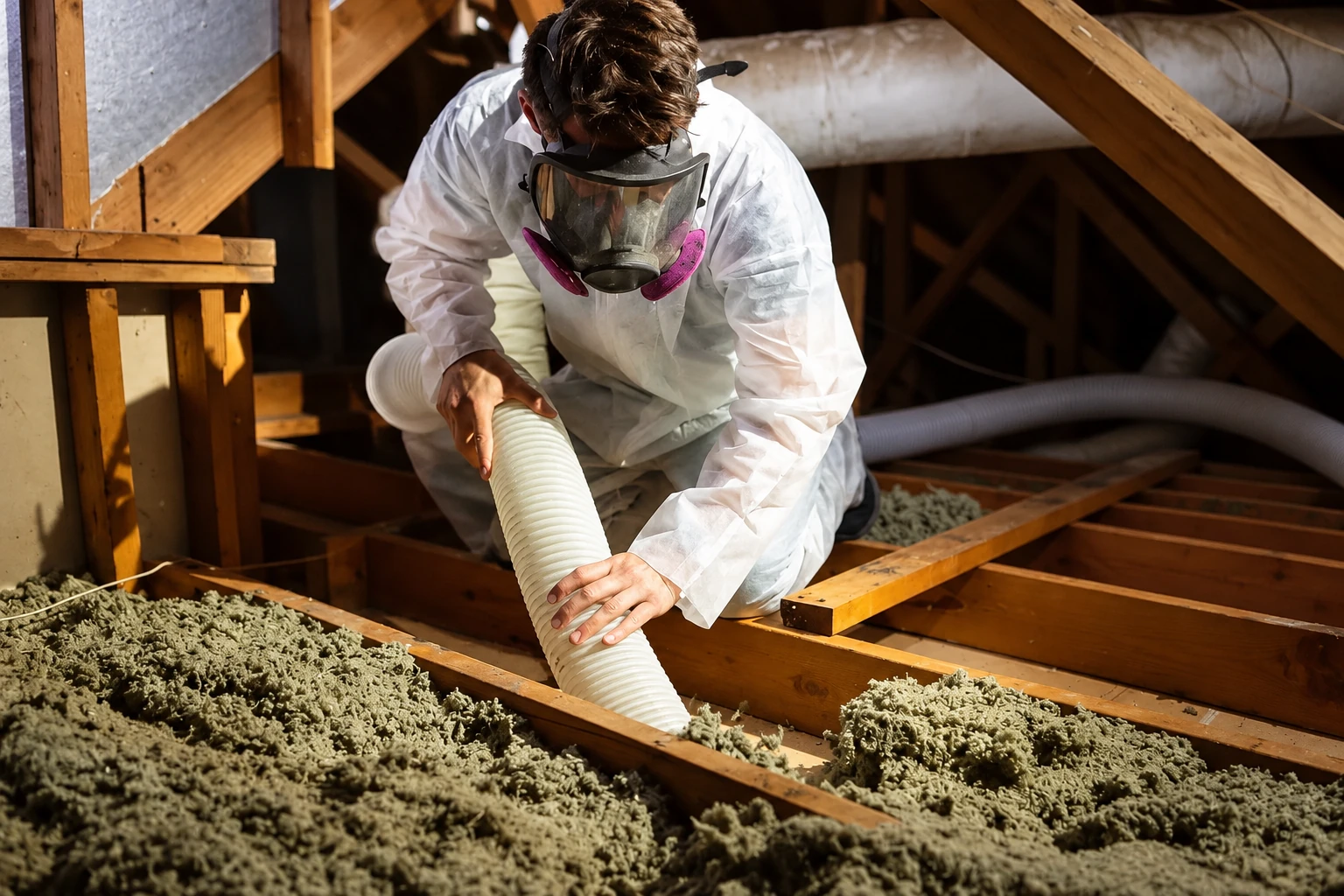 A worker in protective coveralls and a respirator vacuums loose attic insulation through a wide hose.