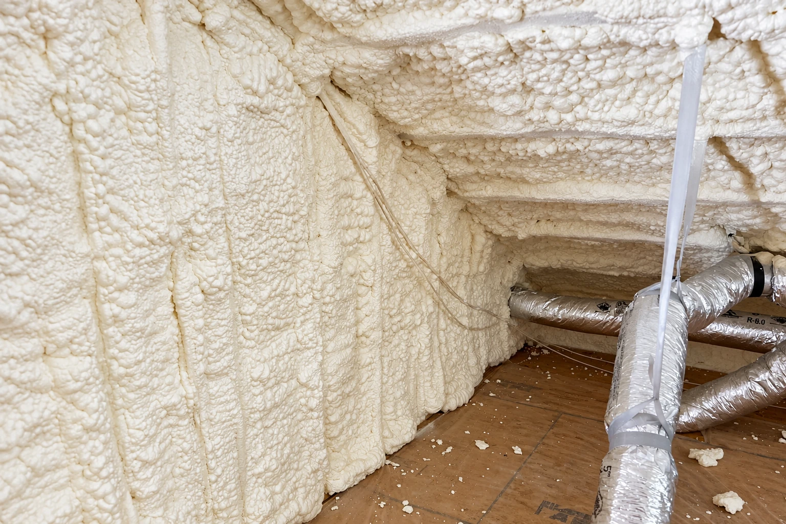 Rough white spray foam insulation fills attic rafters and walls beside exposed flooring and flexible ducts.