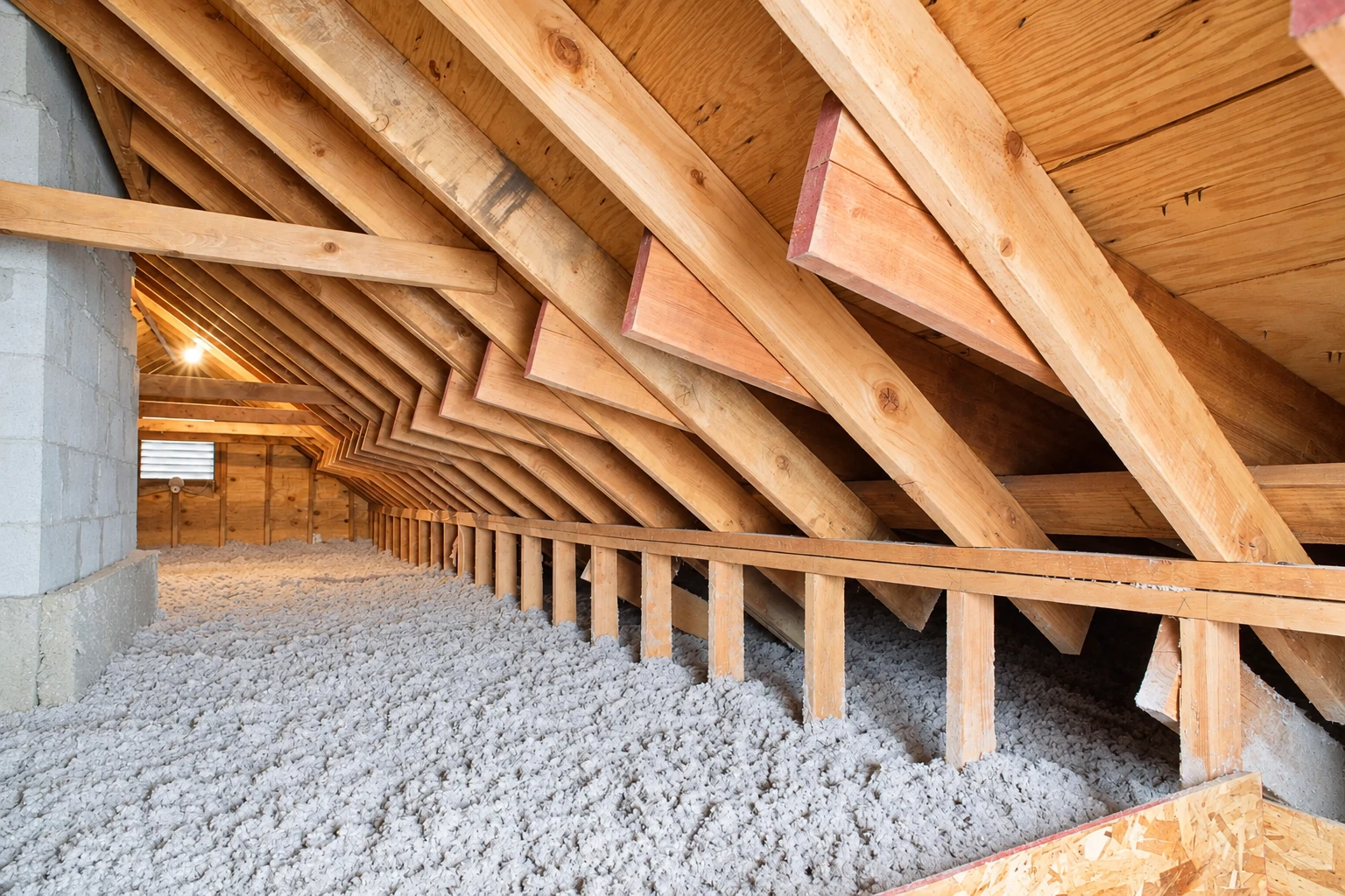 Attic filled with loose gray insulation beneath exposed wooden roof trusses.