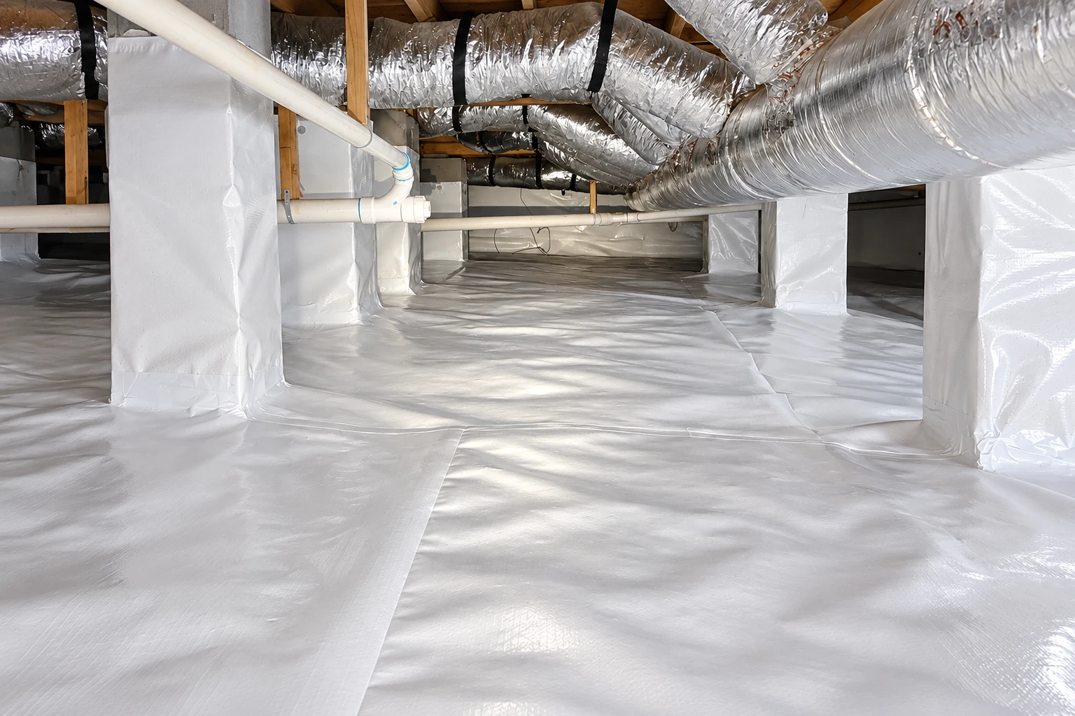 White vapor barrier sheeting covers a crawl space floor and wraps around support posts beneath ducts and pipes.