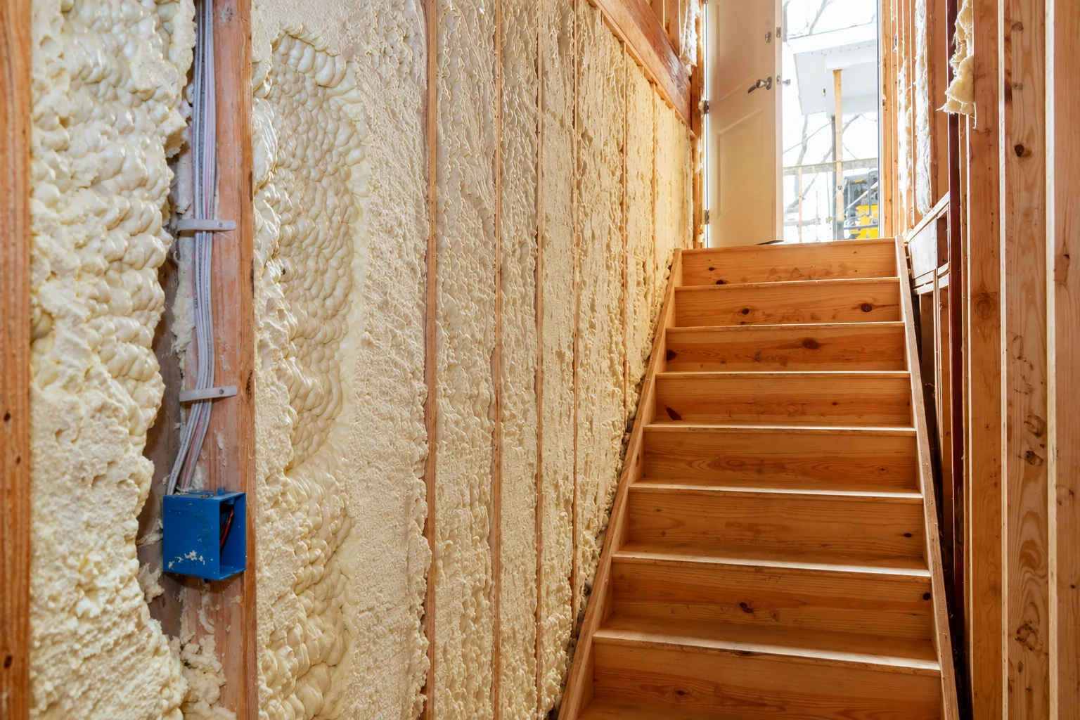 Exposed wall framing filled with pale spray foam insulation beside a wooden staircase.